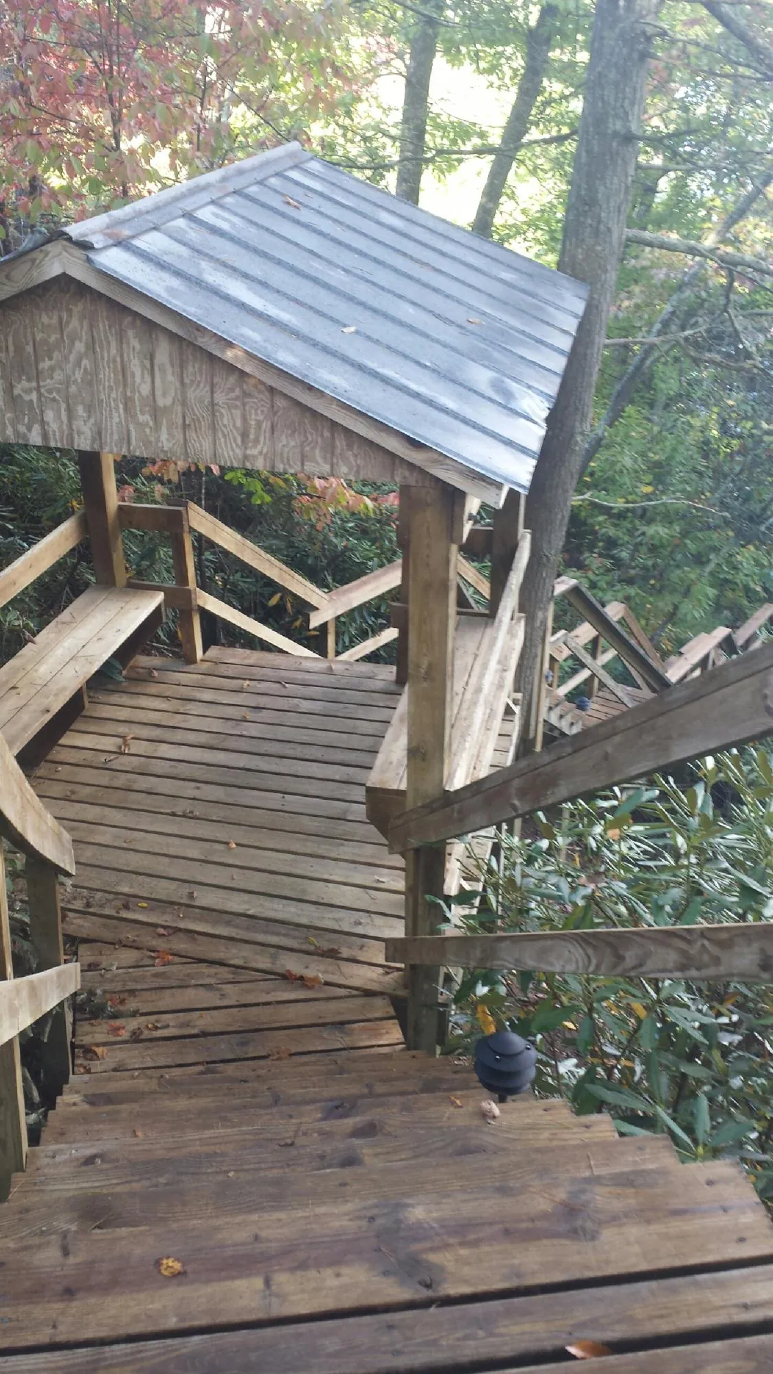 Metal roofed shelter over wooden steps on a wooded walkway — Skylight Repair & Installation work by our crew in Elmaton